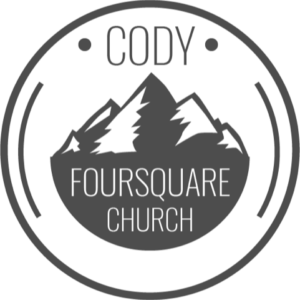 The Cody Foursquare Church logo is gray and white with mountains in a circle.